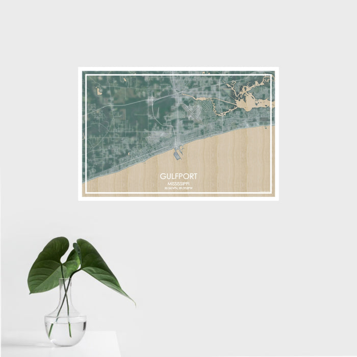 16x24 Gulfport Mississippi Map Print Landscape Orientation in Afternoon Style With Tropical Plant Leaves in Water
