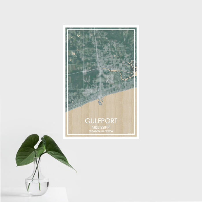 16x24 Gulfport Mississippi Map Print Portrait Orientation in Afternoon Style With Tropical Plant Leaves in Water