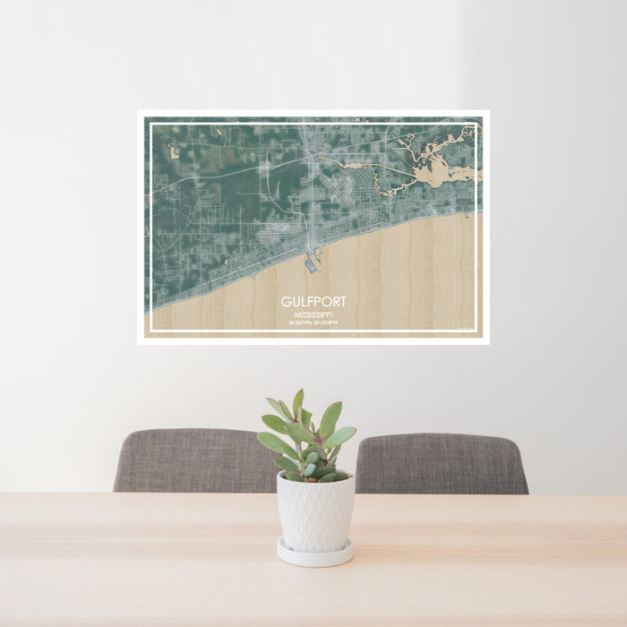 24x36 Gulfport Mississippi Map Print Lanscape Orientation in Afternoon Style Behind 2 Chairs Table and Potted Plant