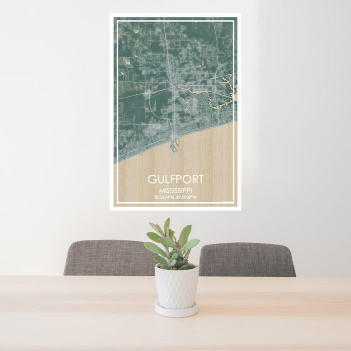 24x36 Gulfport Mississippi Map Print Portrait Orientation in Afternoon Style Behind 2 Chairs Table and Potted Plant