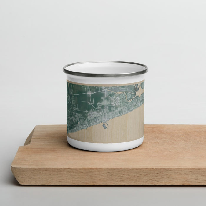 Front View Custom Gulfport Mississippi Map Enamel Mug in Afternoon on Cutting Board