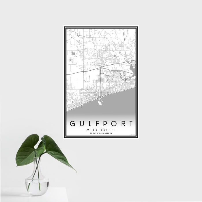 16x24 Gulfport Mississippi Map Print Portrait Orientation in Classic Style With Tropical Plant Leaves in Water