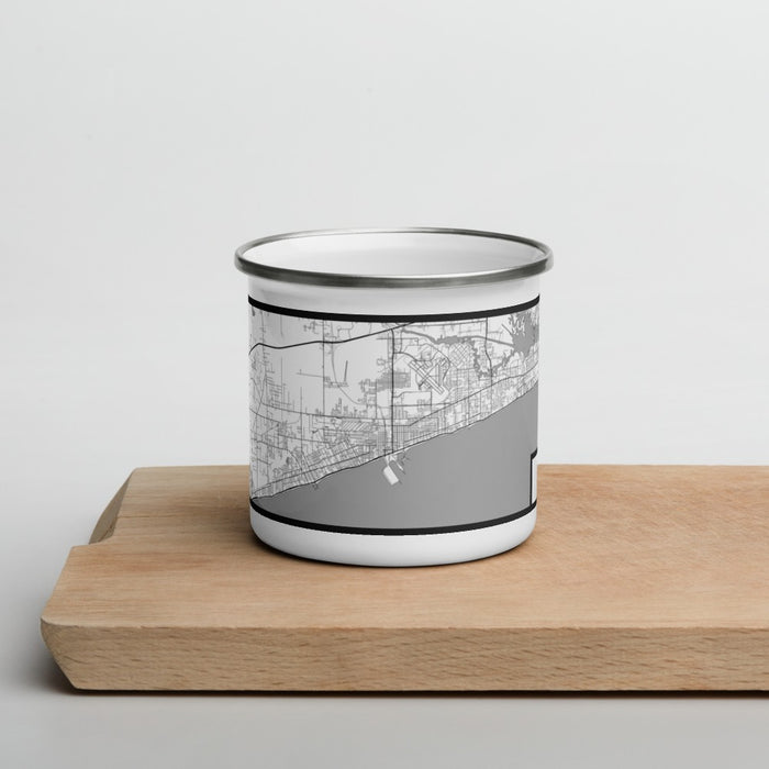 Front View Custom Gulfport Mississippi Map Enamel Mug in Classic on Cutting Board