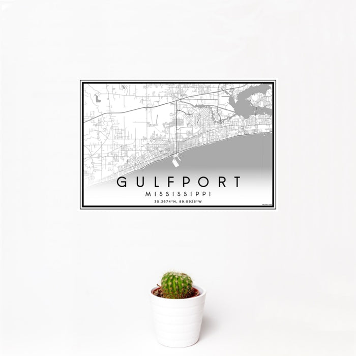 12x18 Gulfport Mississippi Map Print Landscape Orientation in Classic Style With Small Cactus Plant in White Planter