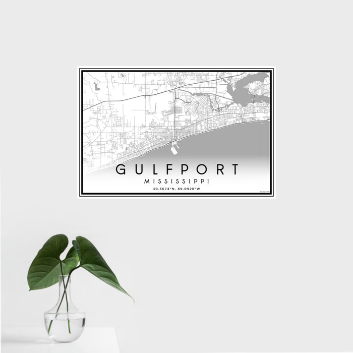 16x24 Gulfport Mississippi Map Print Landscape Orientation in Classic Style With Tropical Plant Leaves in Water