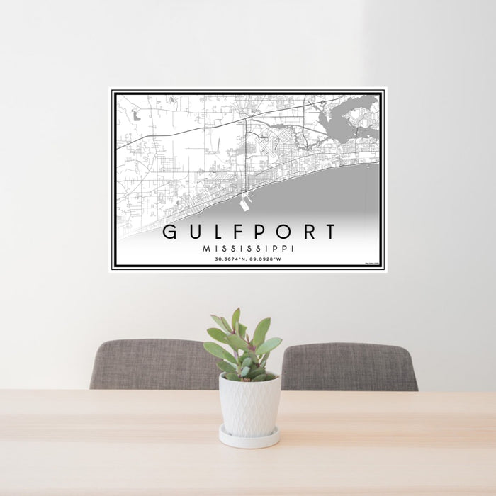 24x36 Gulfport Mississippi Map Print Landscape Orientation in Classic Style Behind 2 Chairs Table and Potted Plant