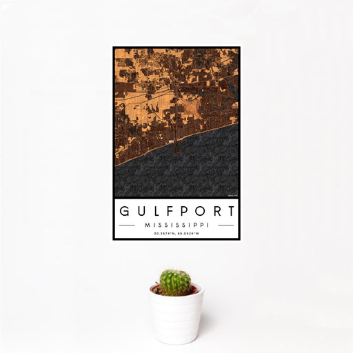 12x18 Gulfport Mississippi Map Print Portrait Orientation in Ember Style With Small Cactus Plant in White Planter