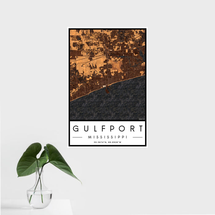 16x24 Gulfport Mississippi Map Print Portrait Orientation in Ember Style With Tropical Plant Leaves in Water