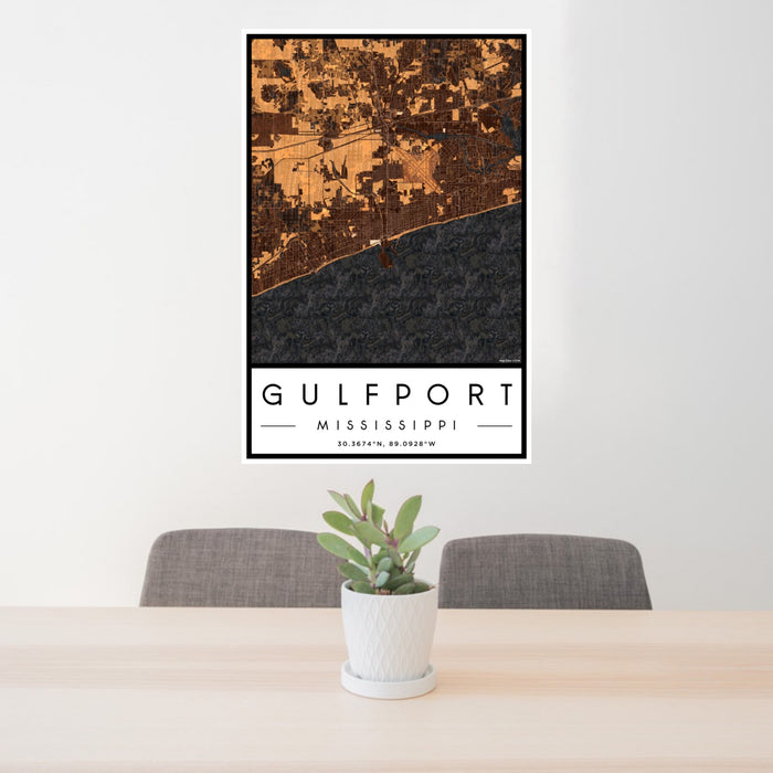 24x36 Gulfport Mississippi Map Print Portrait Orientation in Ember Style Behind 2 Chairs Table and Potted Plant
