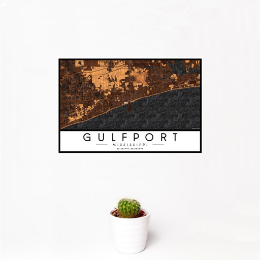 12x18 Gulfport Mississippi Map Print Landscape Orientation in Ember Style With Small Cactus Plant in White Planter