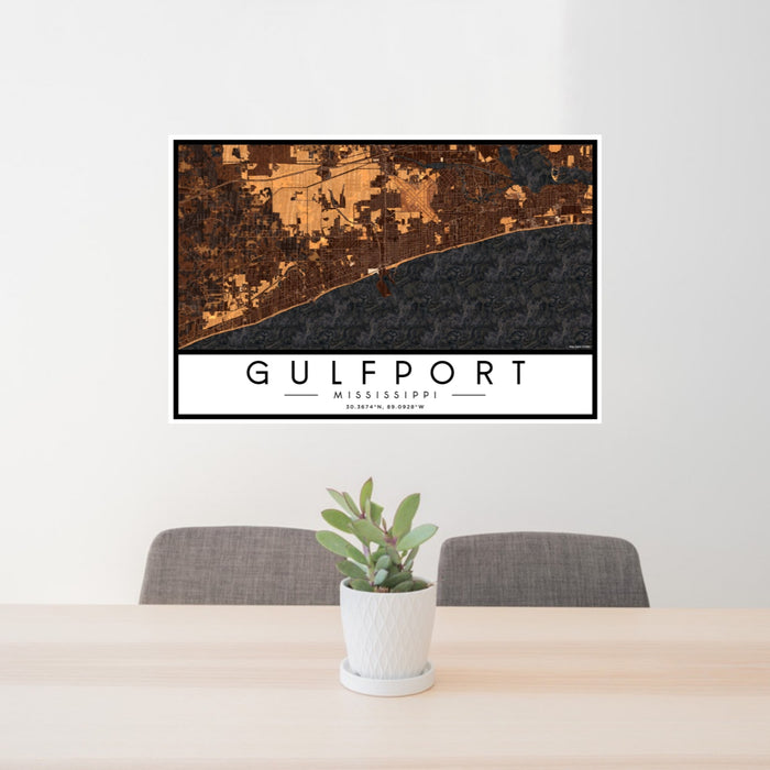 24x36 Gulfport Mississippi Map Print Landscape Orientation in Ember Style Behind 2 Chairs Table and Potted Plant