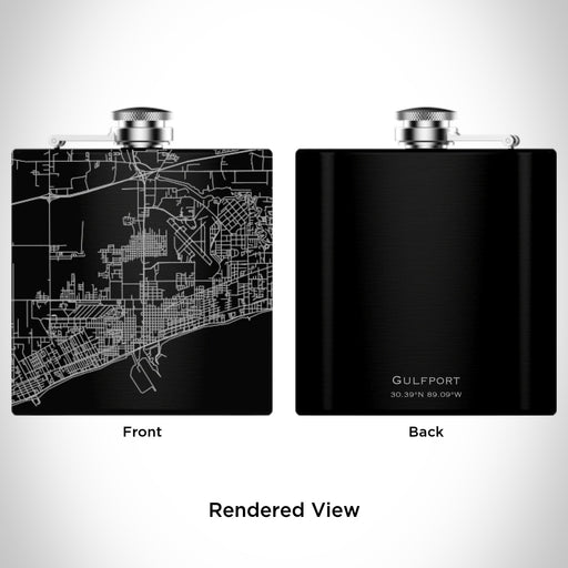 Rendered View of Gulfport Mississippi Map Engraving on 6oz Stainless Steel Flask in Black
