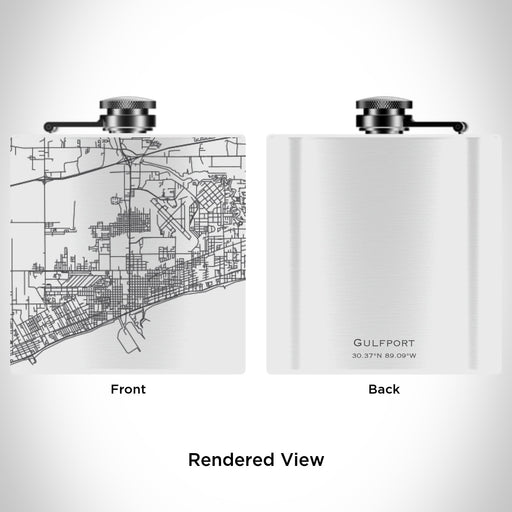 Rendered View of Gulfport Mississippi Map Engraving on 6oz Stainless Steel Flask in White