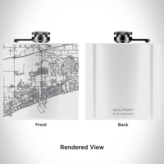 Rendered View of Gulfport Mississippi Map Engraving on 6oz Stainless Steel Flask in White