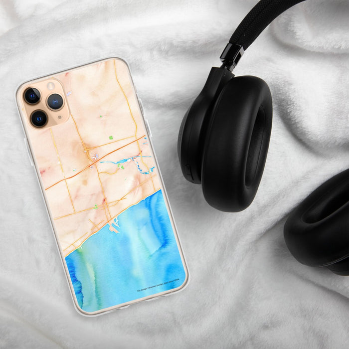 Custom Gulfport Mississippi Map Phone Case in Watercolor on Table with Black Headphones