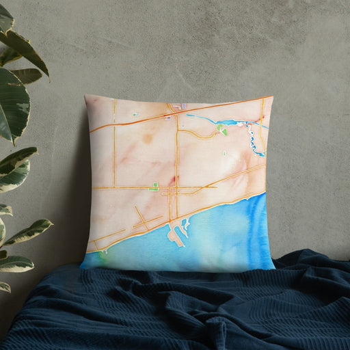 Custom Gulfport Mississippi Map Throw Pillow in Watercolor on Bedding Against Wall