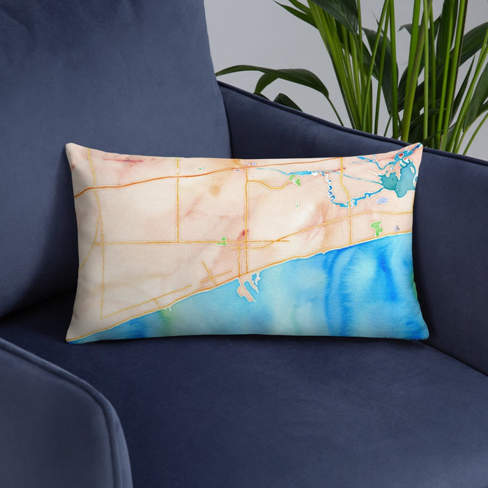 Custom Gulfport Mississippi Map Throw Pillow in Watercolor on Blue Colored Chair