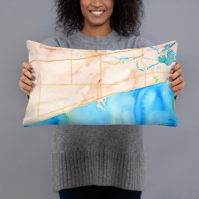 Person holding 20x12 Custom Gulfport Mississippi Map Throw Pillow in Watercolor