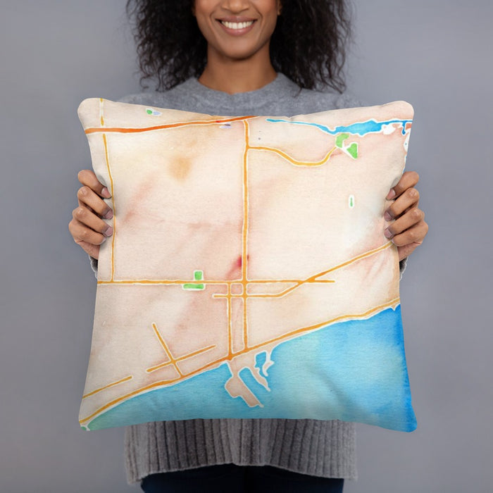 Person holding 18x18 Custom Gulfport Mississippi Map Throw Pillow in Watercolor