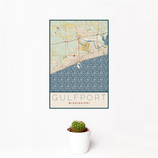 12x18 Gulfport Mississippi Map Print Portrait Orientation in Woodblock Style With Small Cactus Plant in White Planter