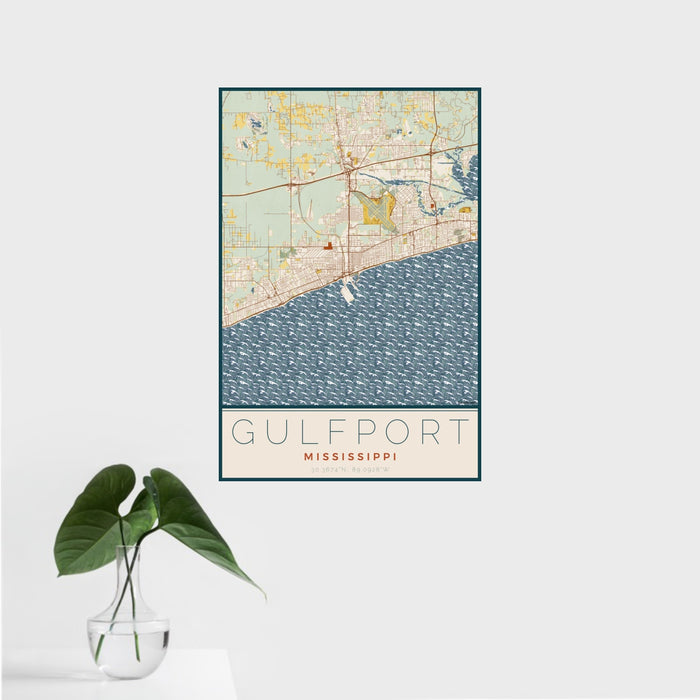 16x24 Gulfport Mississippi Map Print Portrait Orientation in Woodblock Style With Tropical Plant Leaves in Water