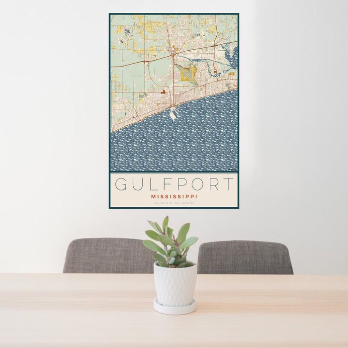24x36 Gulfport Mississippi Map Print Portrait Orientation in Woodblock Style Behind 2 Chairs Table and Potted Plant