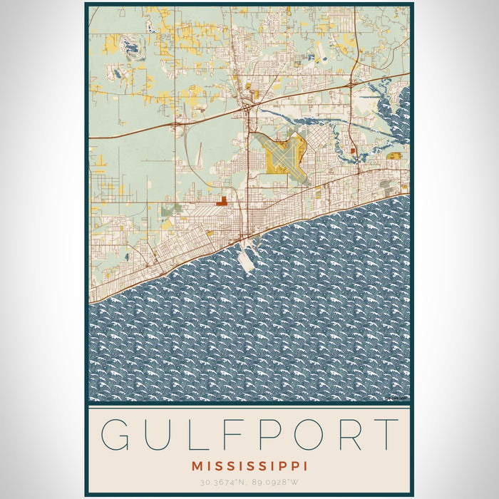 Gulfport Mississippi Map Print Portrait Orientation in Woodblock Style With Shaded Background