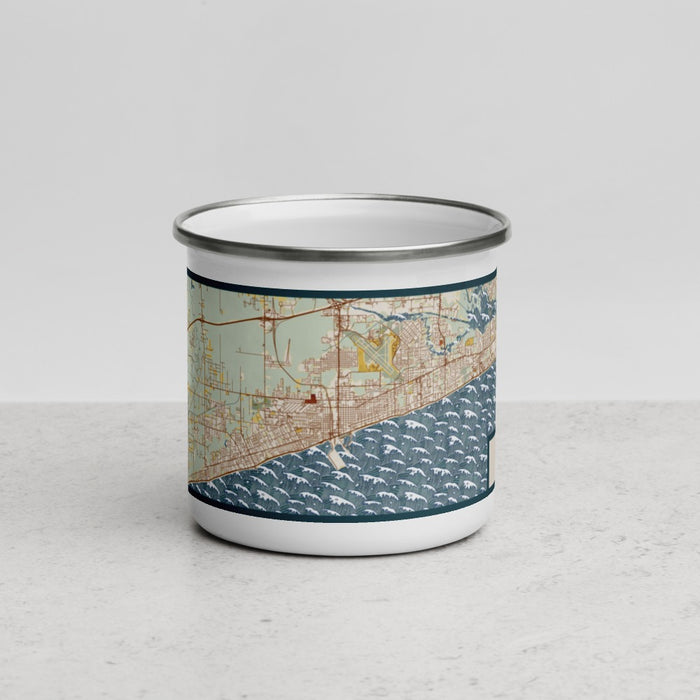 Front View Custom Gulfport Mississippi Map Enamel Mug in Woodblock