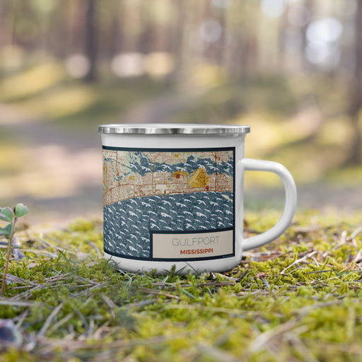 Right View Custom Gulfport Mississippi Map Enamel Mug in Woodblock on Grass With Trees in Background