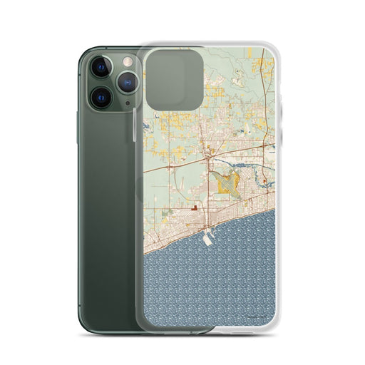 Custom Gulfport Mississippi Map Phone Case in Woodblock on Table with Laptop and Plant