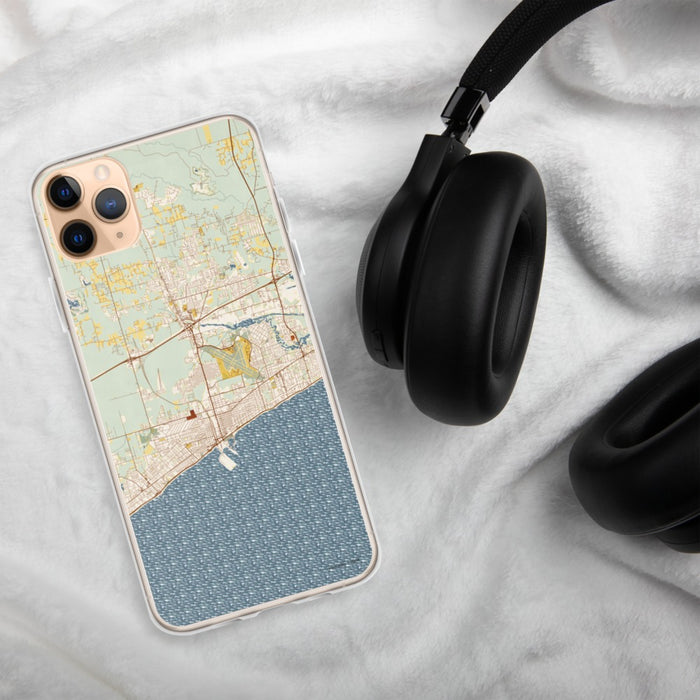 Custom Gulfport Mississippi Map Phone Case in Woodblock on Table with Black Headphones