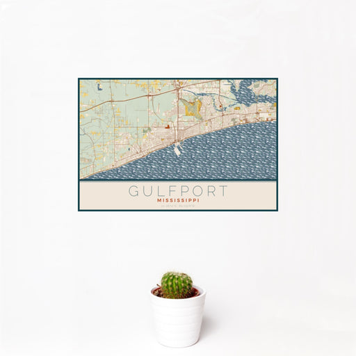 12x18 Gulfport Mississippi Map Print Landscape Orientation in Woodblock Style With Small Cactus Plant in White Planter