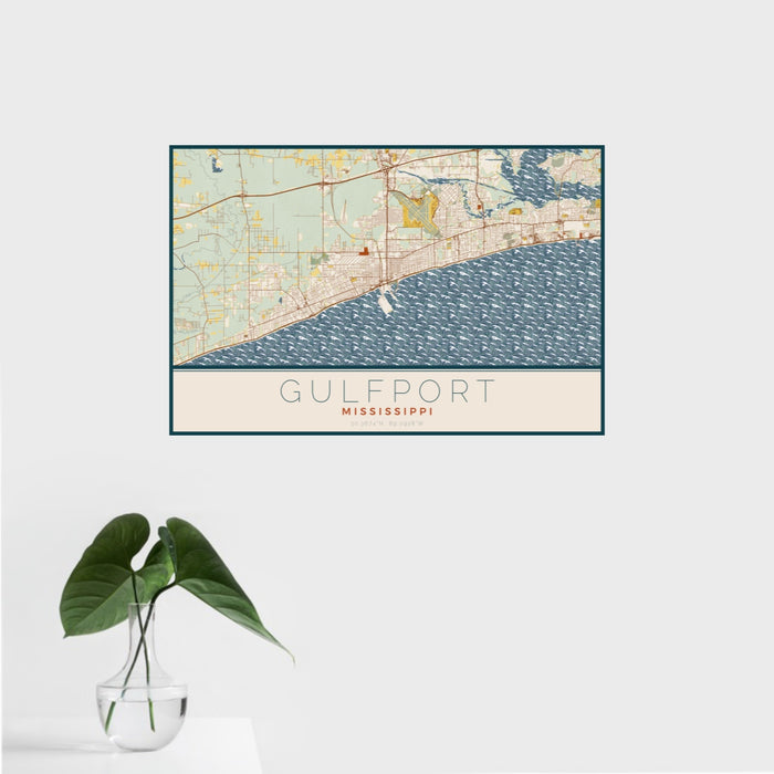 16x24 Gulfport Mississippi Map Print Landscape Orientation in Woodblock Style With Tropical Plant Leaves in Water