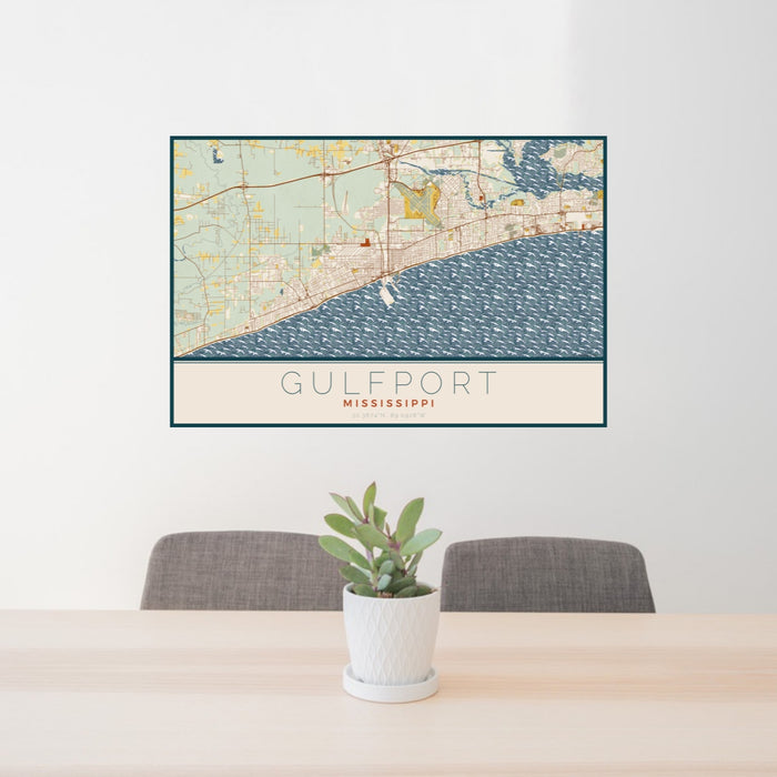 24x36 Gulfport Mississippi Map Print Landscape Orientation in Woodblock Style Behind 2 Chairs Table and Potted Plant