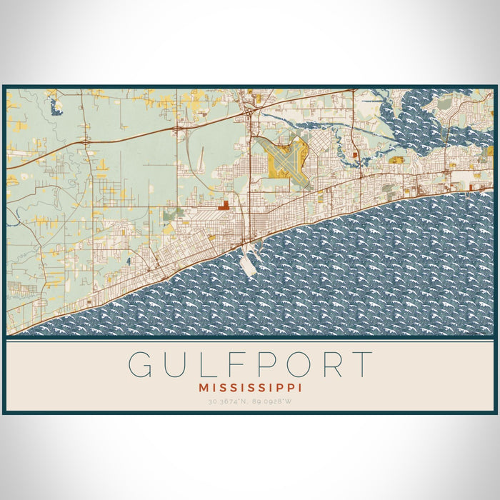 Gulfport Mississippi Map Print Landscape Orientation in Woodblock Style With Shaded Background
