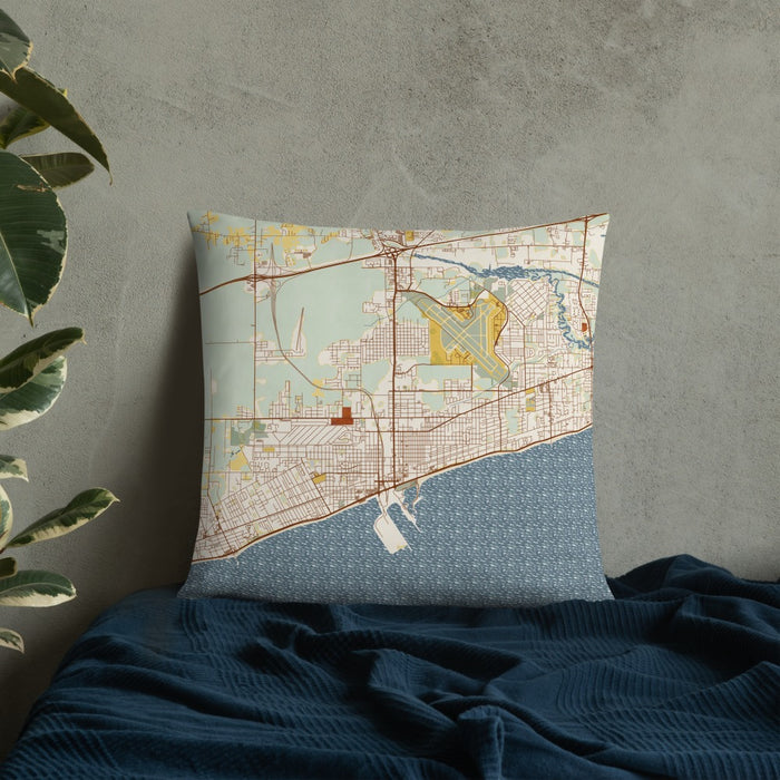Custom Gulfport Mississippi Map Throw Pillow in Woodblock on Bedding Against Wall