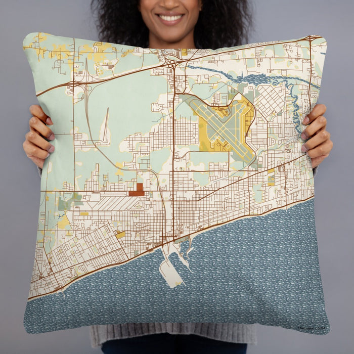 Person holding 22x22 Custom Gulfport Mississippi Map Throw Pillow in Woodblock