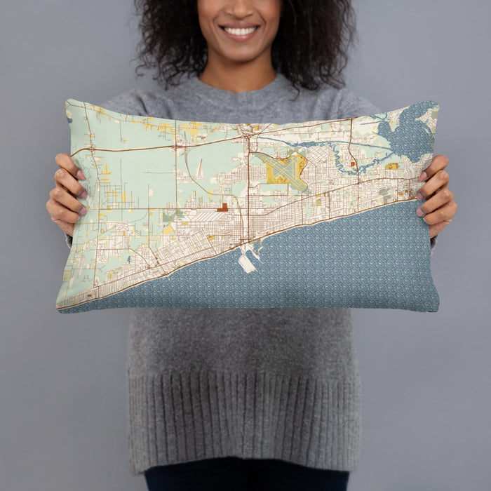 Person holding 20x12 Custom Gulfport Mississippi Map Throw Pillow in Woodblock