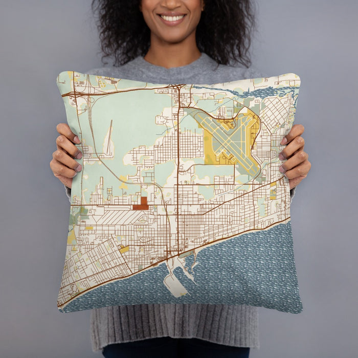 Person holding 18x18 Custom Gulfport Mississippi Map Throw Pillow in Woodblock