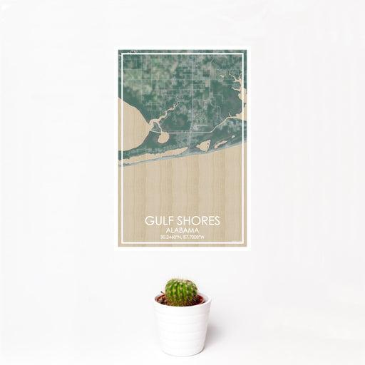 12x18 Gulf Shores Alabama Map Print Portrait Orientation in Afternoon Style With Small Cactus Plant in White Planter