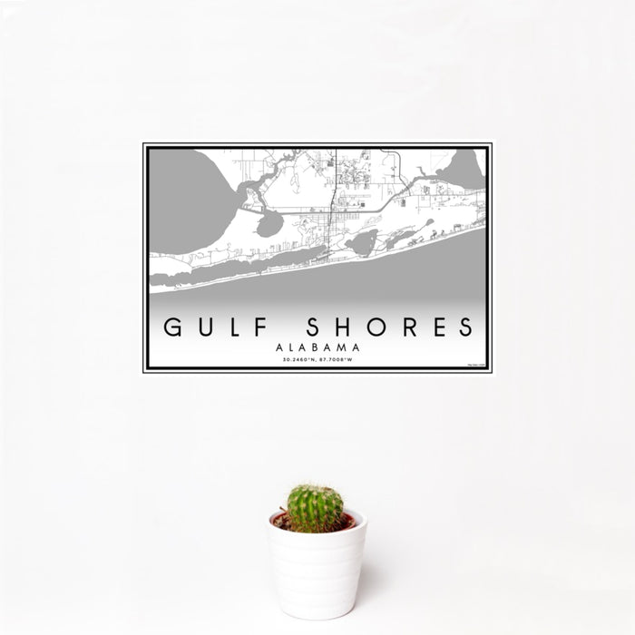 12x18 Gulf Shores Alabama Map Print Landscape Orientation in Classic Style With Small Cactus Plant in White Planter