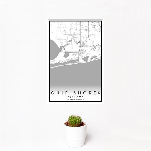 12x18 Gulf Shores Alabama Map Print Portrait Orientation in Classic Style With Small Cactus Plant in White Planter