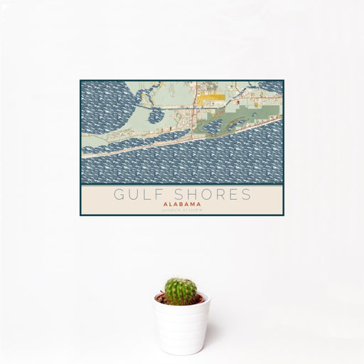 12x18 Gulf Shores Alabama Map Print Landscape Orientation in Woodblock Style With Small Cactus Plant in White Planter