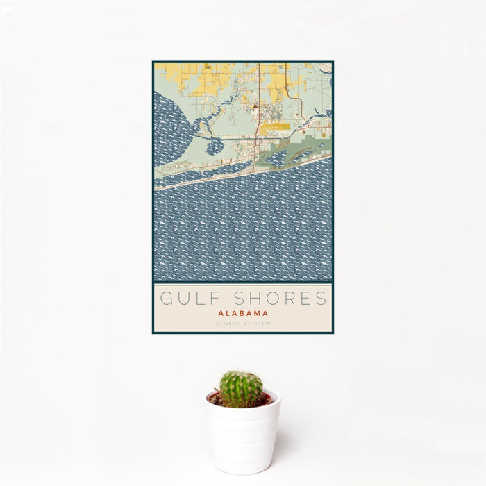 12x18 Gulf Shores Alabama Map Print Portrait Orientation in Woodblock Style With Small Cactus Plant in White Planter