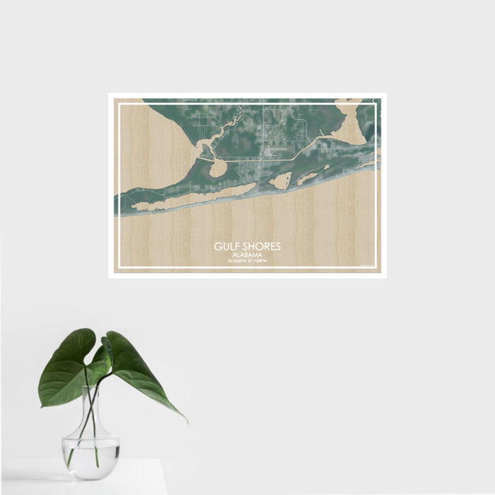 16x24 Gulf Shores Alabama Map Print Landscape Orientation in Afternoon Style With Tropical Plant Leaves in Water