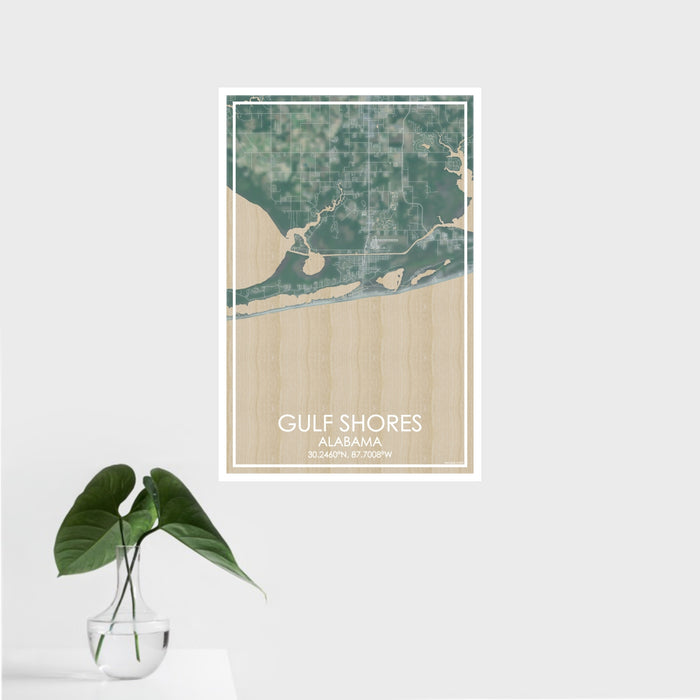 16x24 Gulf Shores Alabama Map Print Portrait Orientation in Afternoon Style With Tropical Plant Leaves in Water