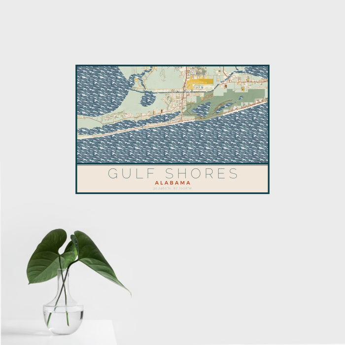 16x24 Gulf Shores Alabama Map Print Landscape Orientation in Woodblock Style With Tropical Plant Leaves in Water