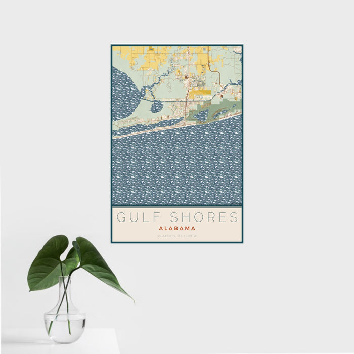 16x24 Gulf Shores Alabama Map Print Portrait Orientation in Woodblock Style With Tropical Plant Leaves in Water