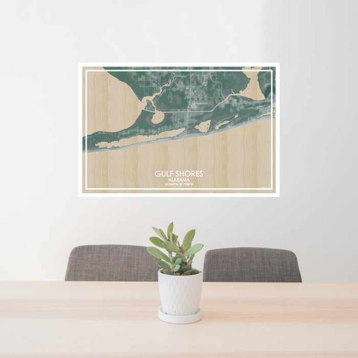 24x36 Gulf Shores Alabama Map Print Lanscape Orientation in Afternoon Style Behind 2 Chairs Table and Potted Plant