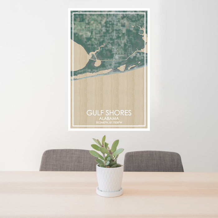 24x36 Gulf Shores Alabama Map Print Portrait Orientation in Afternoon Style Behind 2 Chairs Table and Potted Plant
